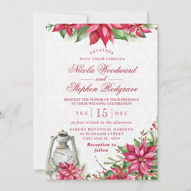 Red Poinsettia & Lantern Winter Wedding Invitation (Front)