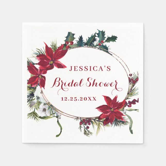 Red Poinsettia Merry Christmas Bridal Shower Paper Napkin (Front)
