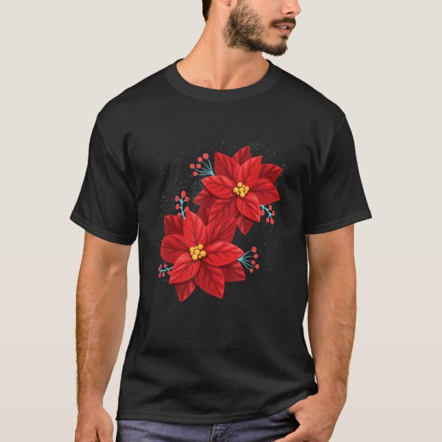 Red Poinsettia Merry Christmas Flower Happy Xmas G T-Shirt (Front)