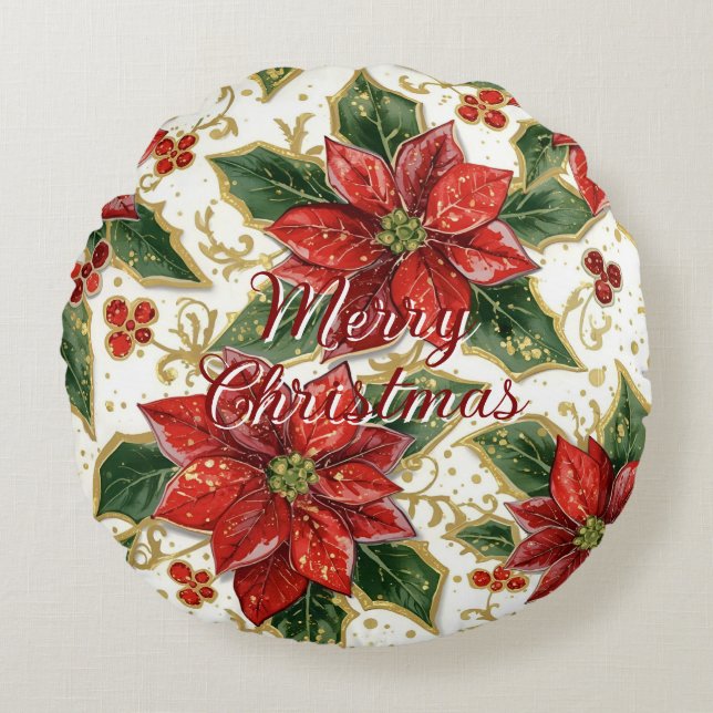 Red Poinsettia Merry Christmas Flowers Round Cushion (Front)