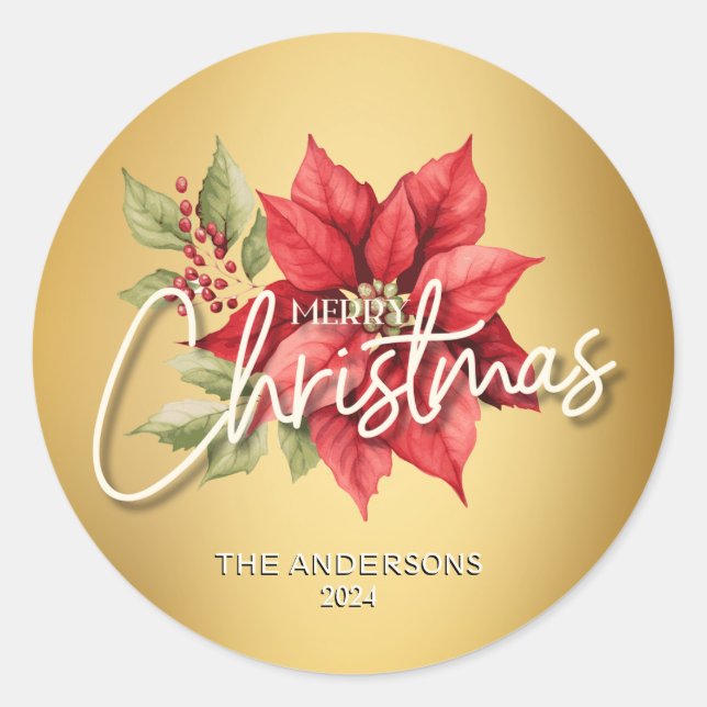 Red Poinsettia Merry Christmas Gold Shimmer Classic Round Sticker (Front)