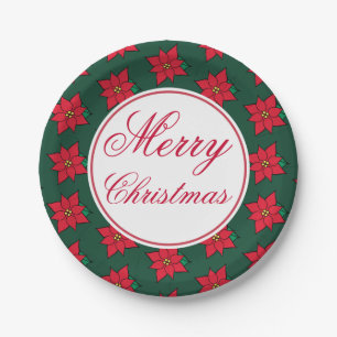 Red Poinsettia Merry Christmas Party Paper Plates