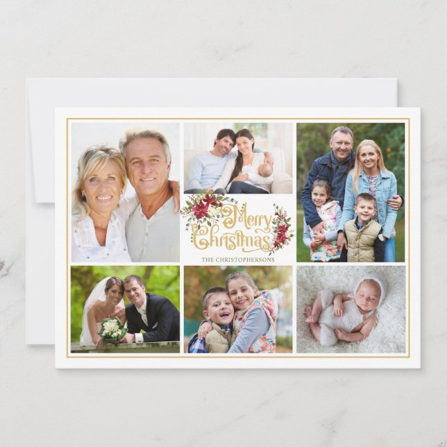 Red Poinsettia Merry Christmas Photo Collage Holiday Card (Front)