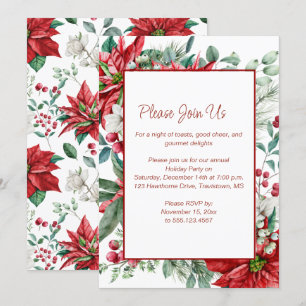 Red Poinsettia, Mistletoe, Berries Christmas Party Invitation