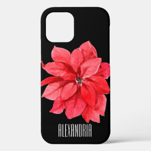 Red Poinsettia on Black Personalised Name iPhone 12 Case