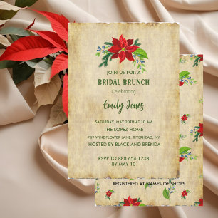  Red Poinsettia on Vintage Brown , Bridal Brunch Invitation