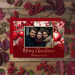 Red Poinsettia One Photo Foil Holiday Card
