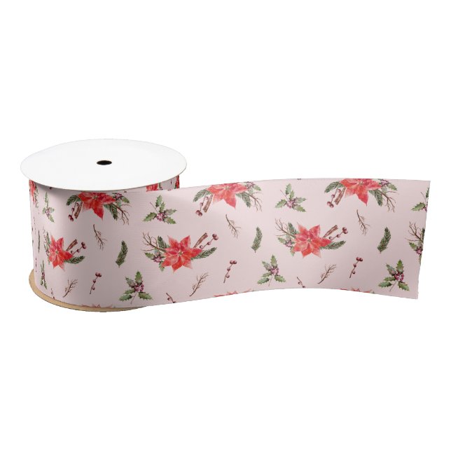 Red Poinsettia Pattern Christmas Satin Ribbon (Spool)