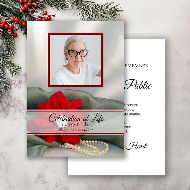 Red Poinsettia Pearls Celebration of Life Memorial Invitation (Creator Uploaded)