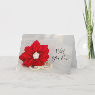 Red Poinsettia Pearls Will You Be My Bridesmaid Invitation