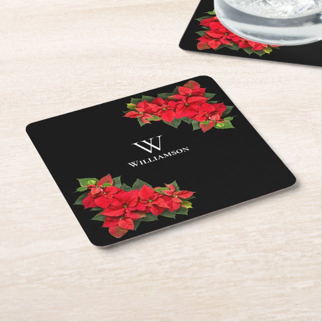 Red Poinsettia Personalised  Square Paper Coaster (Angled)