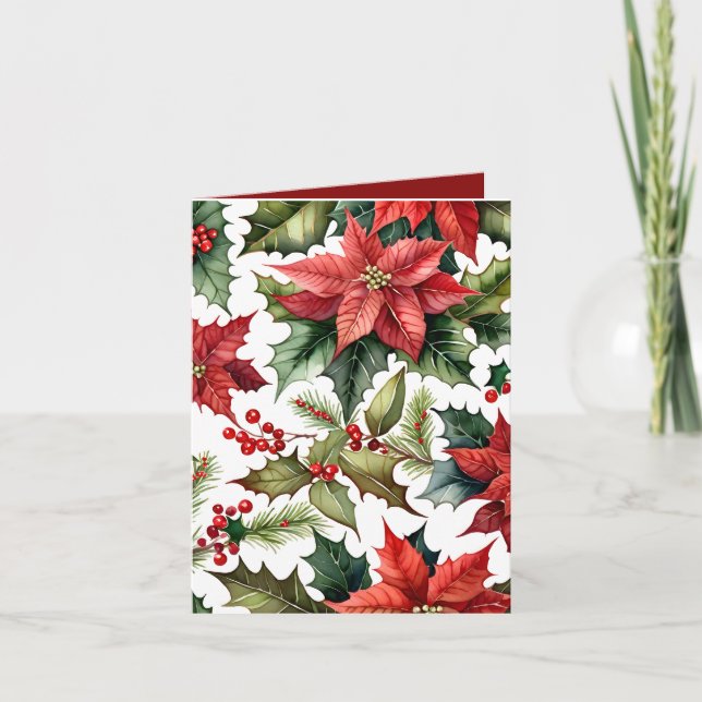 Red Poinsettia Photo & Festive Fact Christmas Card (Front)