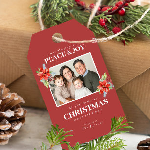 Red Poinsettia Photo Peace Joy Christmas Gift Tags