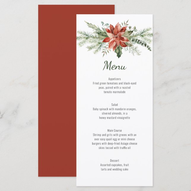 Red Poinsettia Pine and Evergreen Wedding Menu (Front/Back)