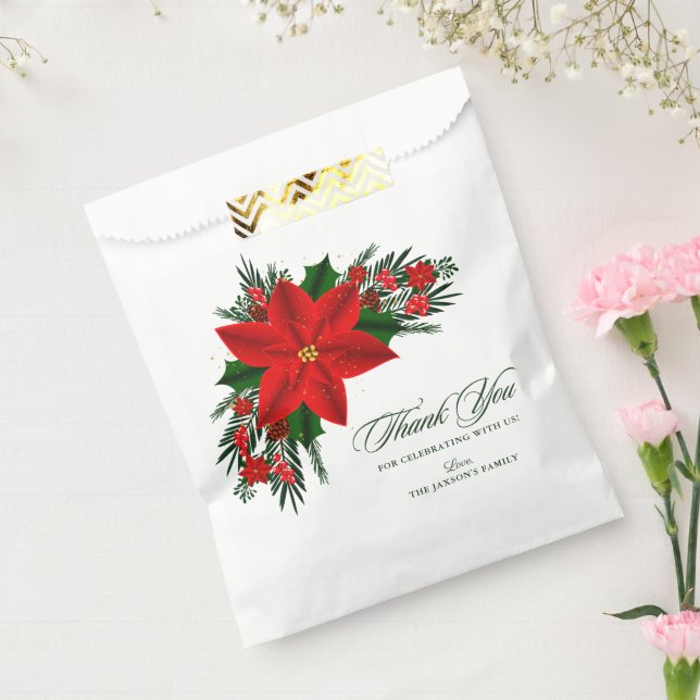 Red Poinsettia Pine Greenery Christmas Favour Bags (Sealed)