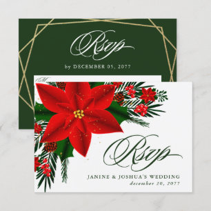 Red Poinsettia Pine Greenery Christmas Wedding RSVP Card