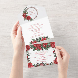 Red Poinsettia Pine Greenery Winter Wedding  All In One Invitation