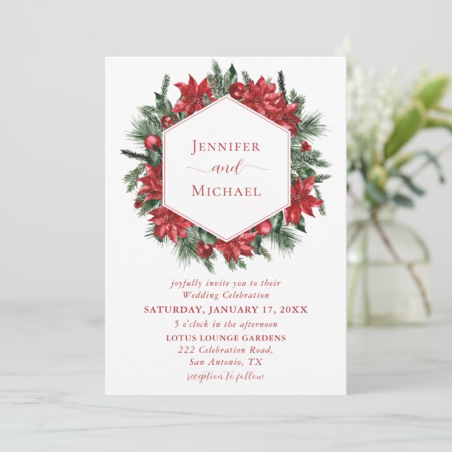 Red Poinsettia Pine Greenery Wreath White Wedding Invitation (Standing Front)
