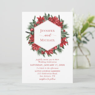 Red Poinsettia Pine Greenery Wreath White Wedding Invitation