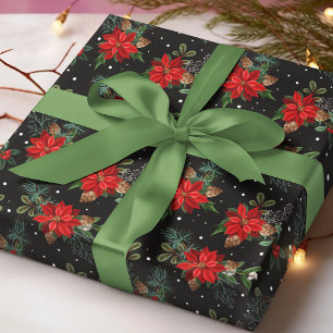 Red Poinsettia Pinecone Winter Christmas Floral Wrapping Paper