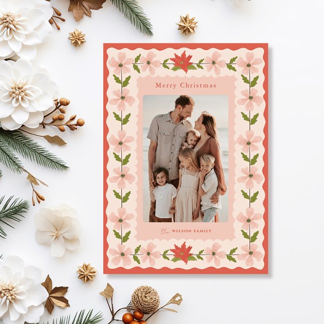 Red Poinsettia Pink Floral 2 Photo Christmas Holiday Card (Creator Uploaded)