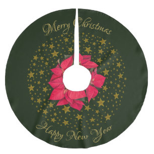 Red Poinsettia Plant on glitter starry green sky Brushed Polyester Tree Skirt