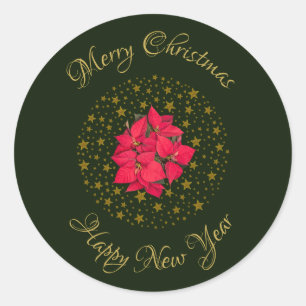Red Poinsettia Plant on glitter starry green sky Classic Round Sticker