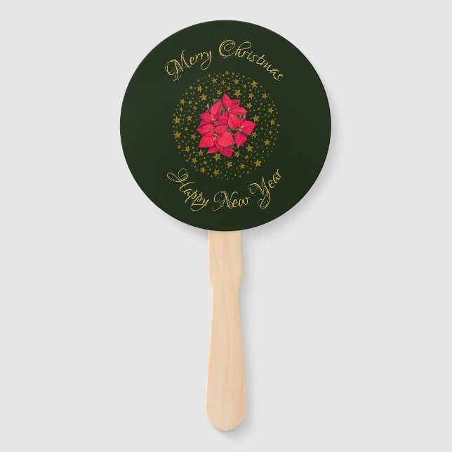 Red Poinsettia Plant on glitter starry green sky Hand Fan (Front)