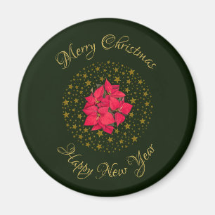 Red Poinsettia Plant on glitter starry green sky Magnet