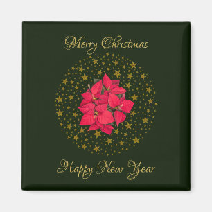 Red Poinsettia Plant on glitter starry green sky Magnet
