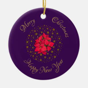 Red Poinsettia Plant on glitter starry purple sky Ceramic Tree Decoration