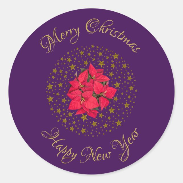 Red Poinsettia Plant on glitter starry purple sky Classic Round Sticker (Front)