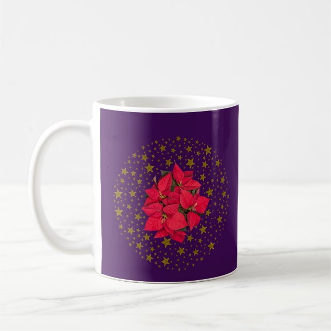 Red Poinsettia Plant on glitter starry purple sky Coffee Mug (Left)