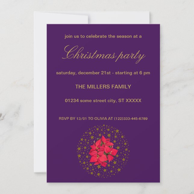 Red Poinsettia Plant on glitter starry purple sky Invitation (Front)