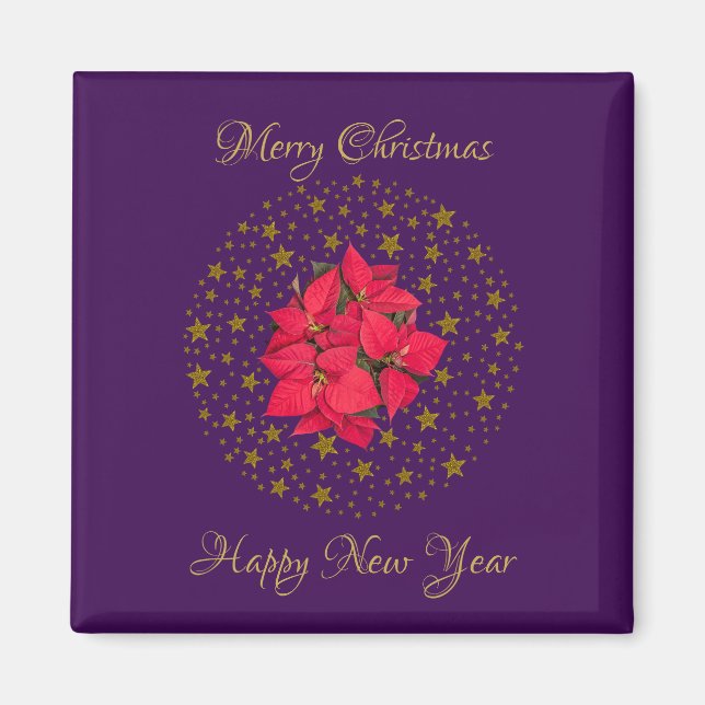 Red Poinsettia Plant on glitter starry purple sky Magnet (Front)