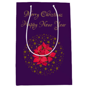 Red Poinsettia Plant on glitter starry purple sky Medium Gift Bag