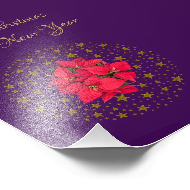 Red Poinsettia Plant on glitter starry purple sky Photo Print (Corner)