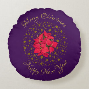 Red Poinsettia Plant on glitter starry purple sky Round Cushion