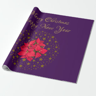 Red Poinsettia Plant on glitter starry purple sky Wrapping Paper