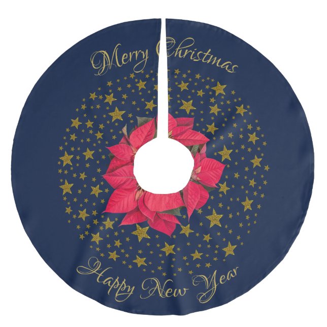 Red Poinsettia Plant on glittering starry blue sky Brushed Polyester Tree Skirt (Front)