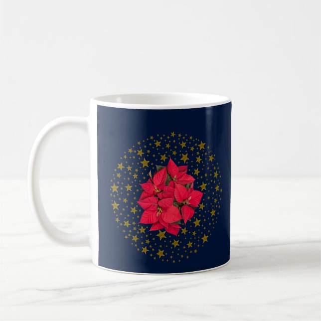 Red Poinsettia Plant on glittering starry blue sky Coffee Mug (Left)