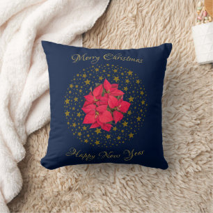 Red Poinsettia Plant on glittering starry blue sky Cushion