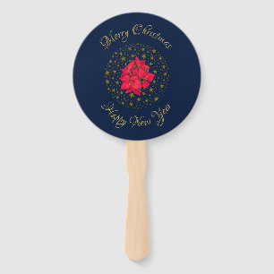 Red Poinsettia Plant on glittering starry blue sky Hand Fan