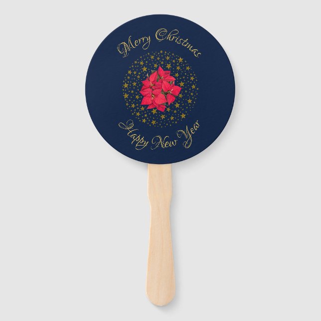 Red Poinsettia Plant on glittering starry blue sky Hand Fan (Front)