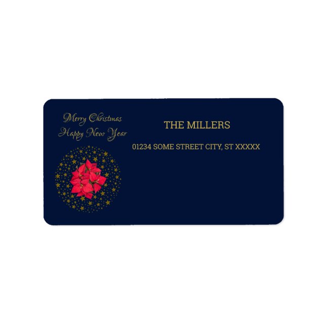 Red Poinsettia Plant on glittering starry blue sky Label (Front)