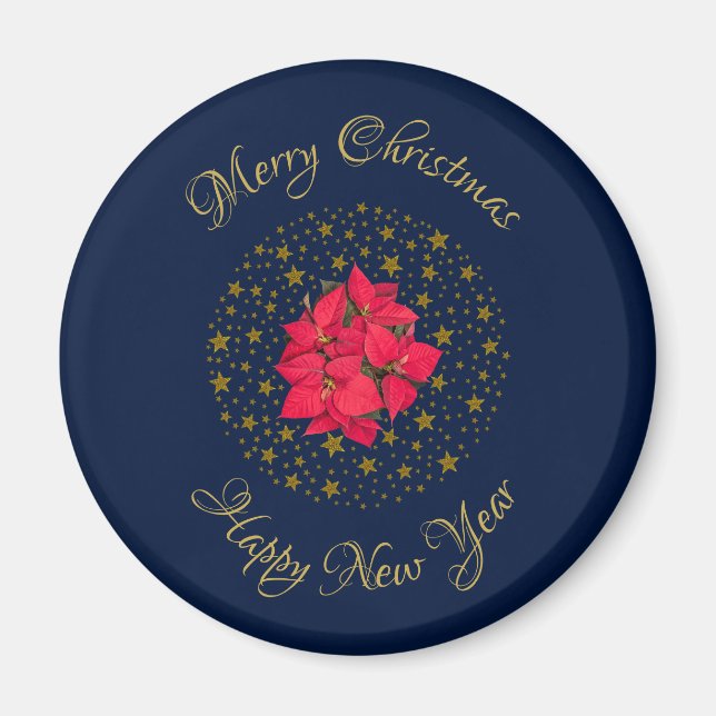 Red Poinsettia Plant on glittering starry blue sky Magnet (Front)