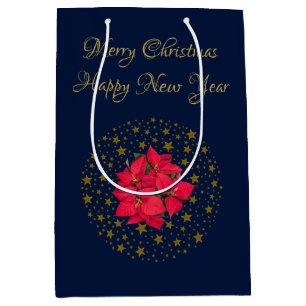 Red Poinsettia Plant on glittering starry blue sky Medium Gift Bag