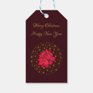 Red Poinsettia Plant on glittering starry red sky Gift Tags