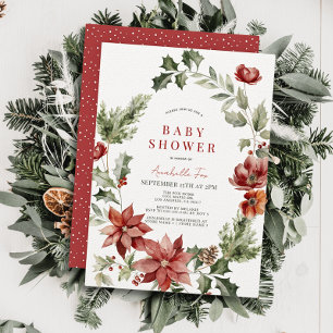 Red Poinsettia Poppy Holiday Floral Baby Shower Invitation