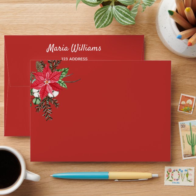 Red poinsettia return address Christmas Envelope (Desk)